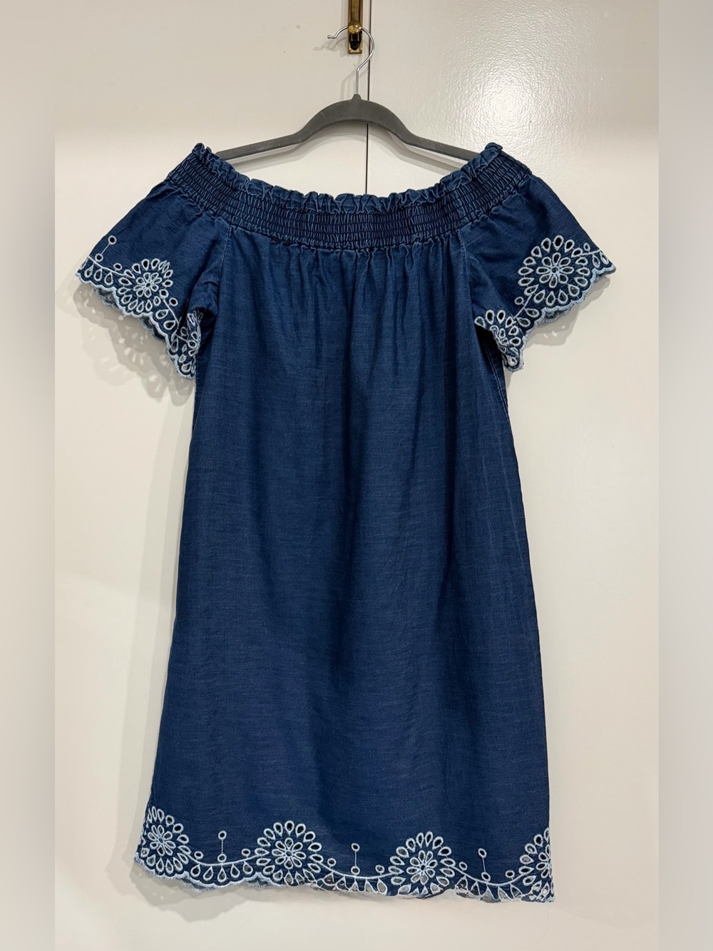 Warehouse Navy Off-Shoulder Dress with White Embroidery